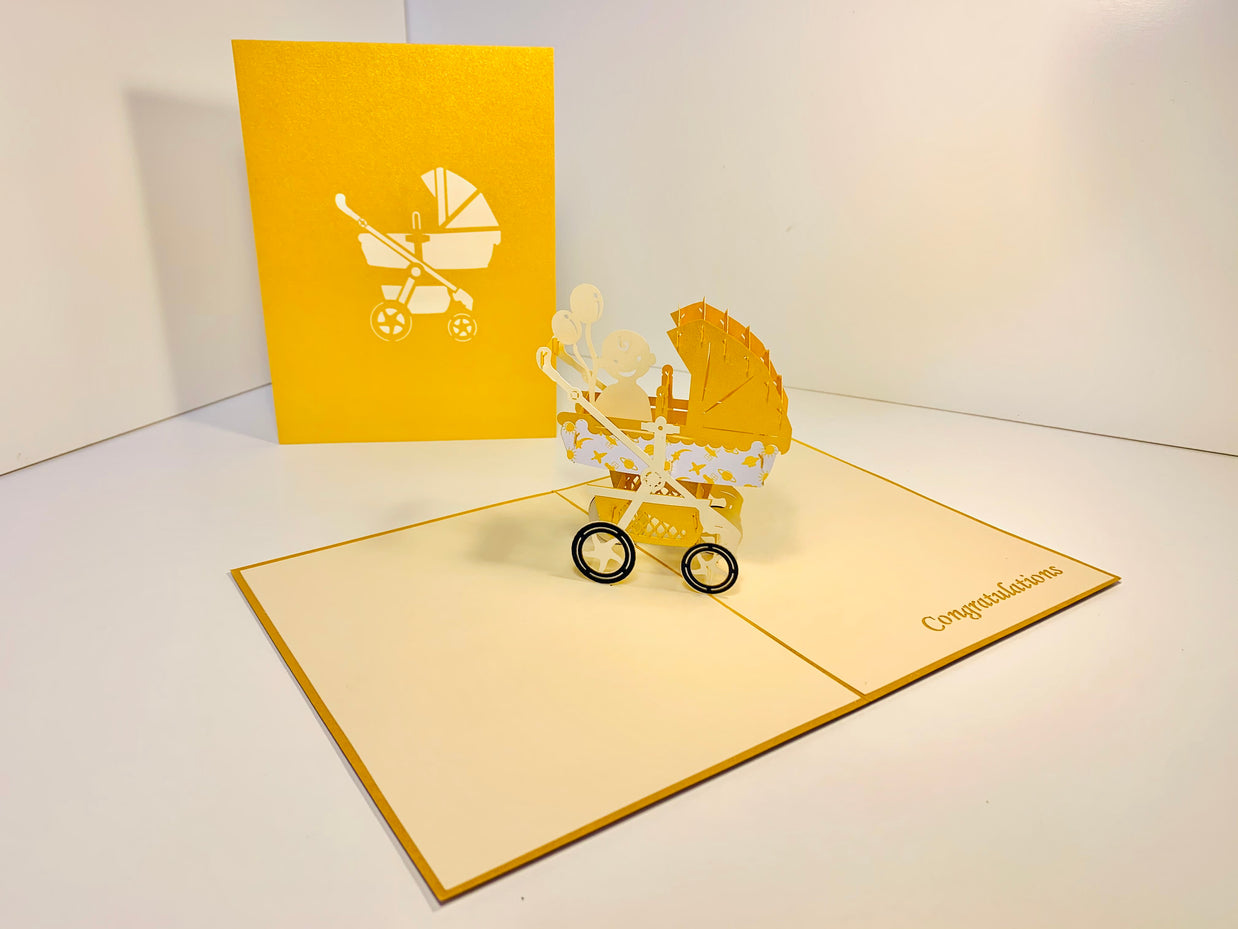 Metallic Baby Carriage Pram in Gold Origami Pop Cards 3D Pop Up Greeting Card Happy Birthday Thank You Handmade Gift Thinking of You Blank Card for Any Occasion Happy Mother's Day Happy Newborn Baby Celebrate New Life