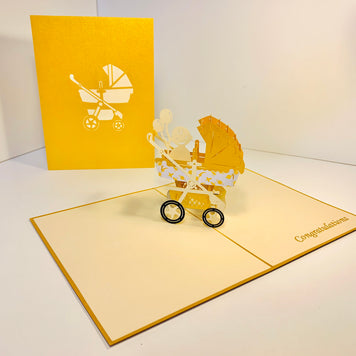 Metallic Baby Carriage Pram in Gold Origami Pop Cards 3D Pop Up Greeting Card Happy Birthday Thank You Handmade Gift Thinking of You Blank Card for Any Occasion Happy Mother's Day Happy Newborn Baby Celebrate New Life