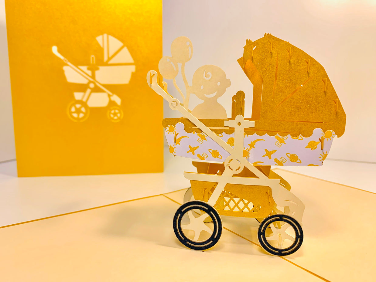 Metallic Baby Carriage Pram in Gold Origami Pop Cards 3D Pop Up Greeting Card Happy Birthday Thank You Handmade Gift Thinking of You Blank Card for Any Occasion Happy Mother's Day Happy Newborn Baby Celebrate New Life