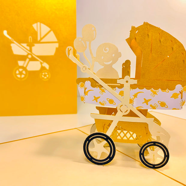 Metallic Baby Carriage Pram in Gold Origami Pop Cards 3D Pop Up Greeting Card Happy Birthday Thank You Handmade Gift Thinking of You Blank Card for Any Occasion Happy Mother's Day Happy Newborn Baby Celebrate New Life