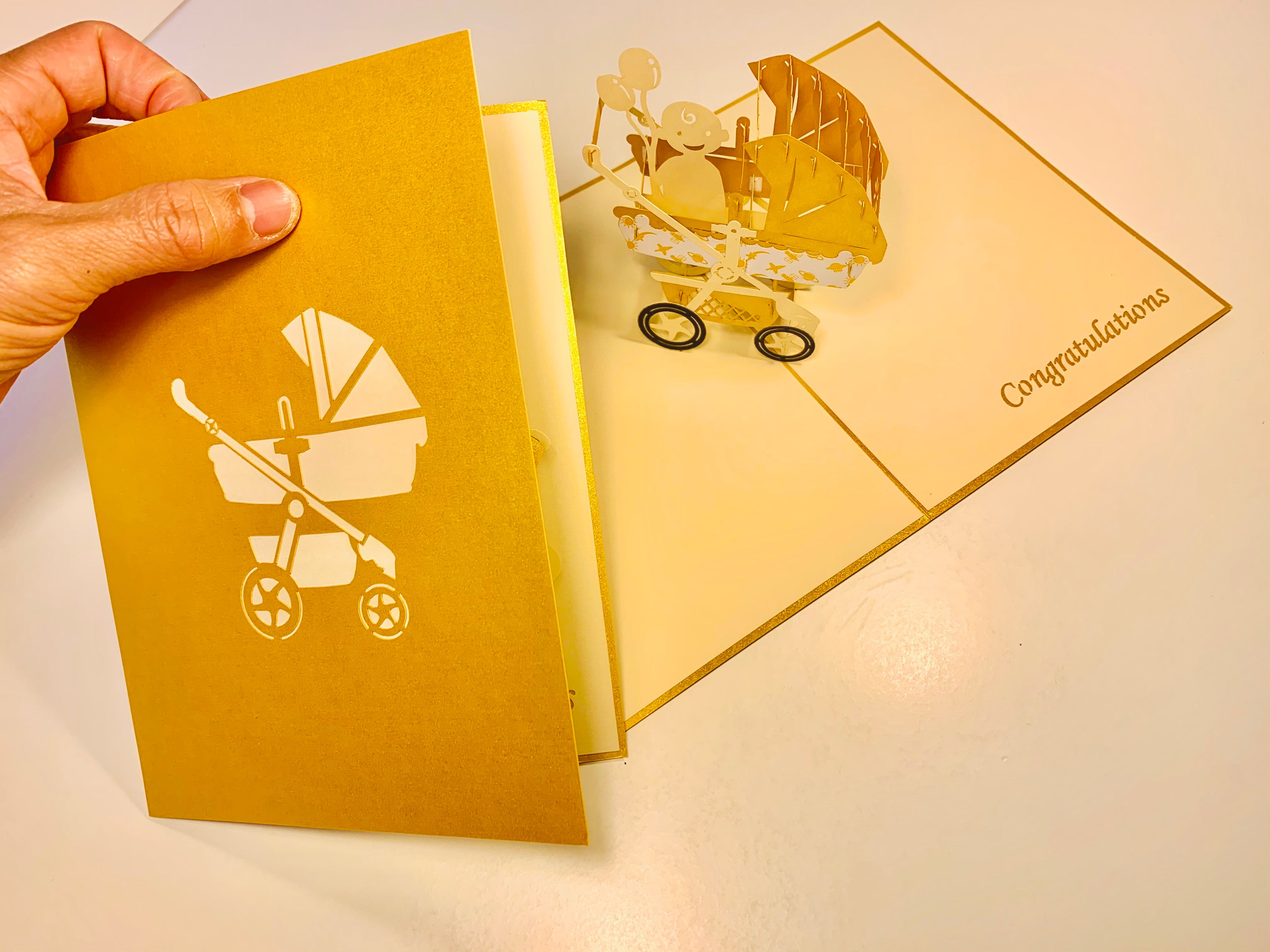 Metallic Baby Carriage Pram in Gold Origami Pop Cards 3D Pop Up Greeting Card Happy Birthday Thank You Handmade Gift Thinking of You Blank Card for Any Occasion Happy Mother's Day Happy Newborn Baby Celebrate New Life