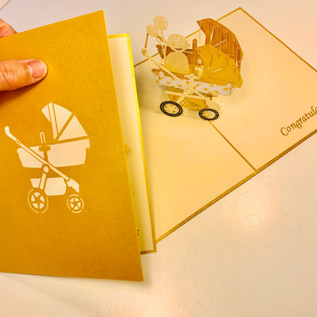 Metallic Baby Carriage Pram in Gold Origami Pop Cards 3D Pop Up Greeting Card Happy Birthday Thank You Handmade Gift Thinking of You Blank Card for Any Occasion Happy Mother's Day Happy Newborn Baby Celebrate New Life