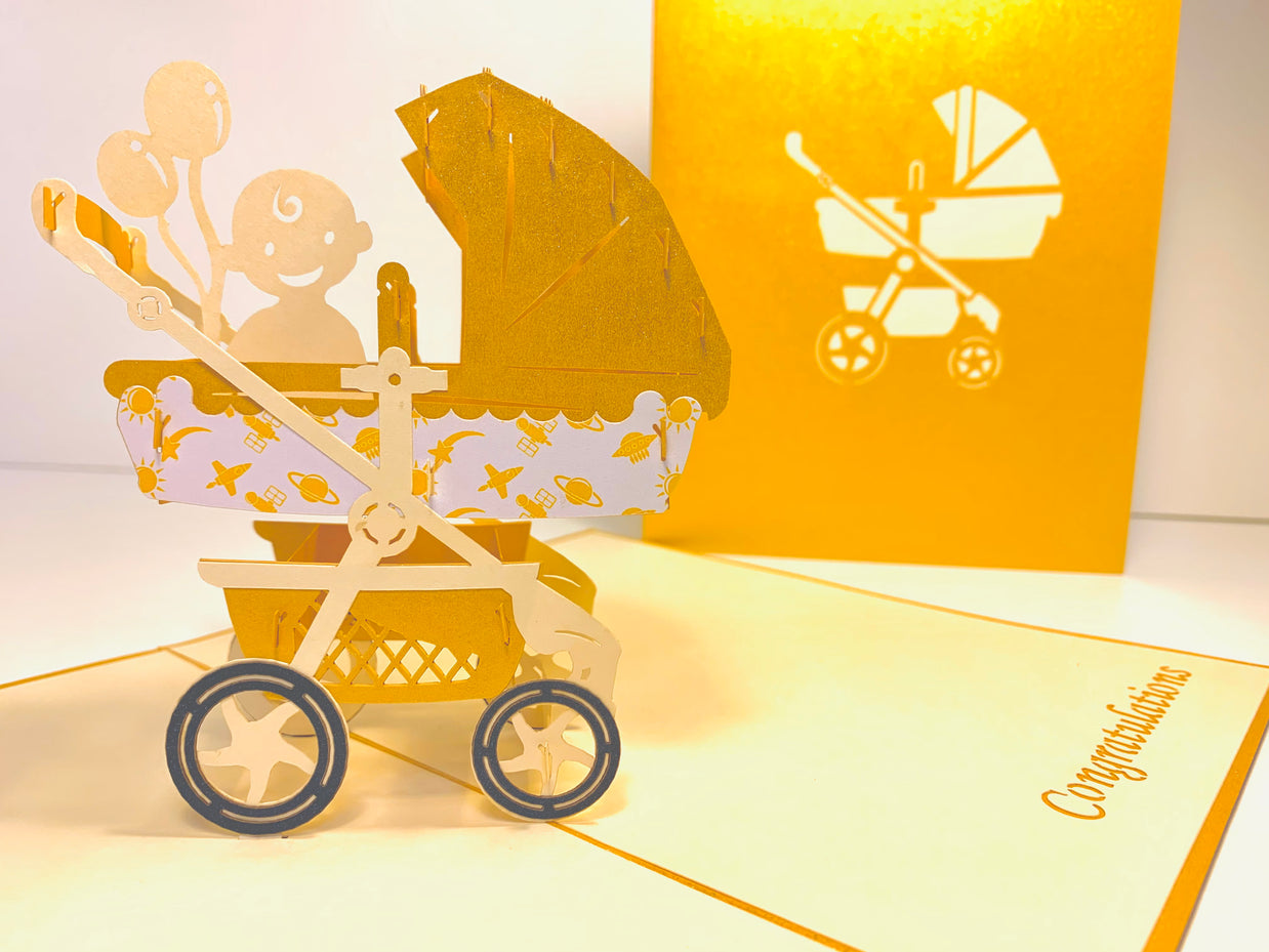 Metallic Baby Carriage Pram in Gold Origami Pop Cards 3D Pop Up Greeting Card Happy Birthday Thank You Handmade Gift Thinking of You Blank Card for Any Occasion Happy Mother's Day Happy Newborn Baby Celebrate New Life
