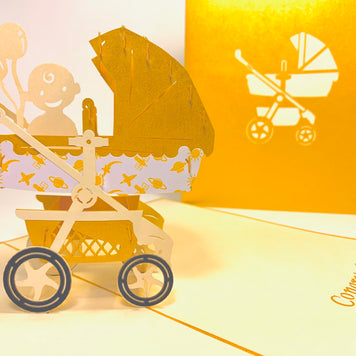 Metallic Baby Carriage Pram in Gold Origami Pop Cards 3D Pop Up Greeting Card Happy Birthday Thank You Handmade Gift Thinking of You Blank Card for Any Occasion Happy Mother's Day Happy Newborn Baby Celebrate New Life