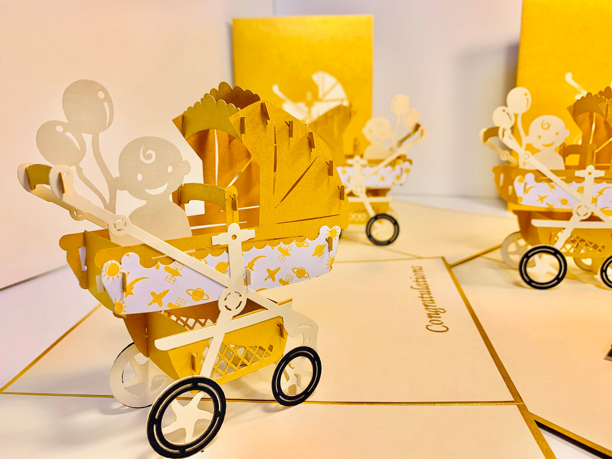 Metallic Baby Carriage Pram in Gold Origami Pop Cards 3D Pop Up Greeting Card Happy Birthday Thank You Handmade Gift Thinking of You Blank Card for Any Occasion Happy Mother's Day Happy Newborn Baby Celebrate New Life