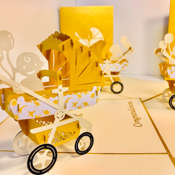 Metallic Baby Carriage Pram in Gold Origami Pop Cards 3D Pop Up Greeting Card Happy Birthday Thank You Handmade Gift Thinking of You Blank Card for Any Occasion Happy Mother's Day Happy Newborn Baby Celebrate New Life