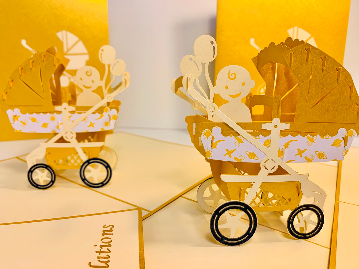 Metallic Baby Carriage Pram in Gold Origami Pop Cards 3D Pop Up Greeting Card Happy Birthday Thank You Handmade Gift Thinking of You Blank Card for Any Occasion Happy Mother's Day Happy Newborn Baby Celebrate New Life