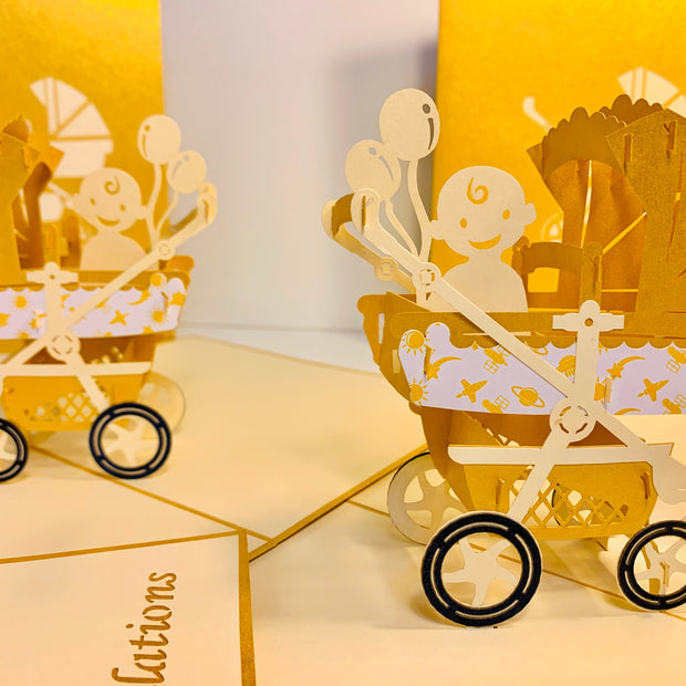Metallic Baby Carriage Pram in Gold Origami Pop Cards 3D Pop Up Greeting Card Happy Birthday Thank You Handmade Gift Thinking of You Blank Card for Any Occasion Happy Mother's Day Happy Newborn Baby Celebrate New Life