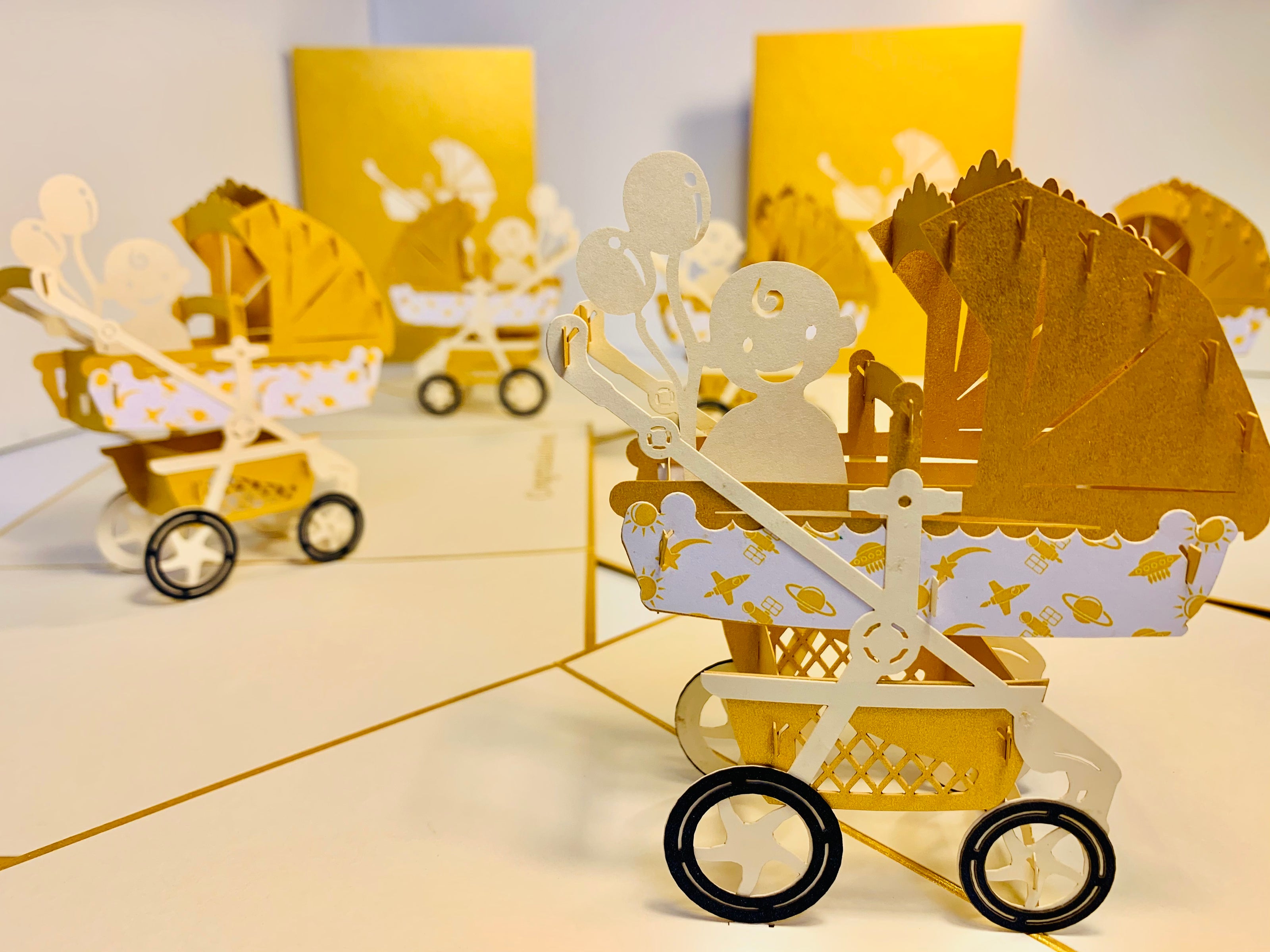 Metallic Baby Carriage Pram in Gold Origami Pop Cards 3D Pop Up Greeting Card Happy Birthday Thank You Handmade Gift Thinking of You Blank Card for Any Occasion Happy Mother's Day Happy Newborn Baby Celebrate New Life
