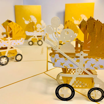 Metallic Baby Carriage Pram in Gold Origami Pop Cards 3D Pop Up Greeting Card Happy Birthday Thank You Handmade Gift Thinking of You Blank Card for Any Occasion Happy Mother's Day Happy Newborn Baby Celebrate New Life