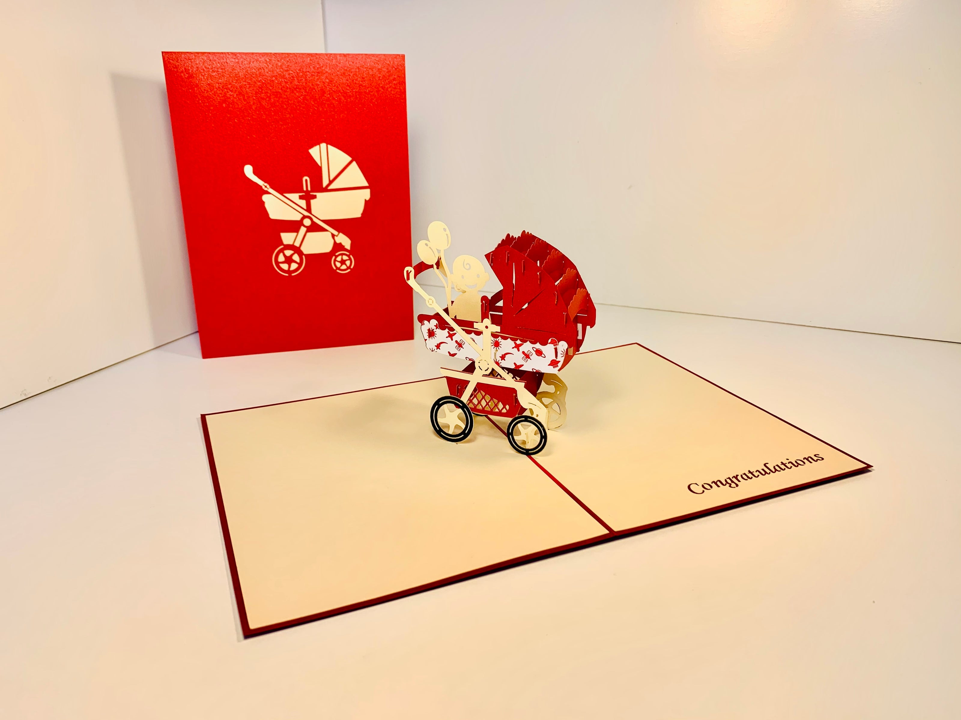 Metallic Baby Carriage Pram in Red Origami Pop Cards 3D Pop Up Greeting Card Happy Birthday Thank You Handmade Gift Thinking of You Blank Card for Any Occasion Happy Mother's Day Happy Newborn Baby Celebrate New Life