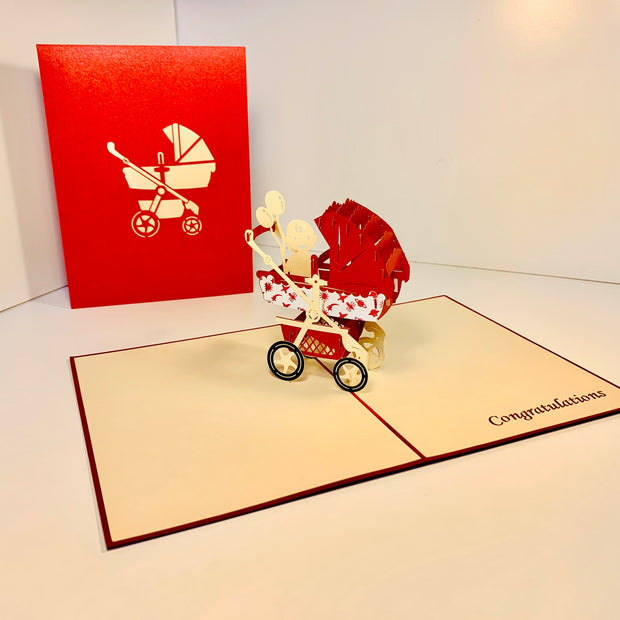 Metallic Baby Carriage Pram in Red Origami Pop Cards 3D Pop Up Greeting Card Happy Birthday Thank You Handmade Gift Thinking of You Blank Card for Any Occasion Happy Mother's Day Happy Newborn Baby Celebrate New Life