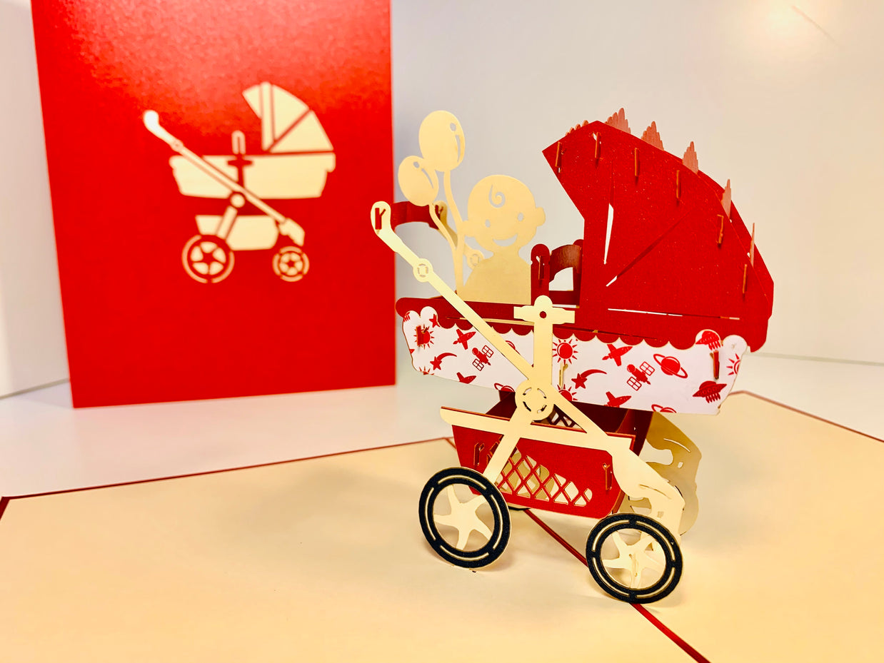 Metallic Baby Carriage Pram in Red Origami Pop Cards 3D Pop Up Greeting Card Happy Birthday Thank You Handmade Gift Thinking of You Blank Card for Any Occasion Happy Mother's Day Happy Newborn Baby Celebrate New Life