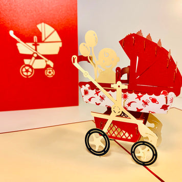 Metallic Baby Carriage Pram in Red Origami Pop Cards 3D Pop Up Greeting Card Happy Birthday Thank You Handmade Gift Thinking of You Blank Card for Any Occasion Happy Mother's Day Happy Newborn Baby Celebrate New Life