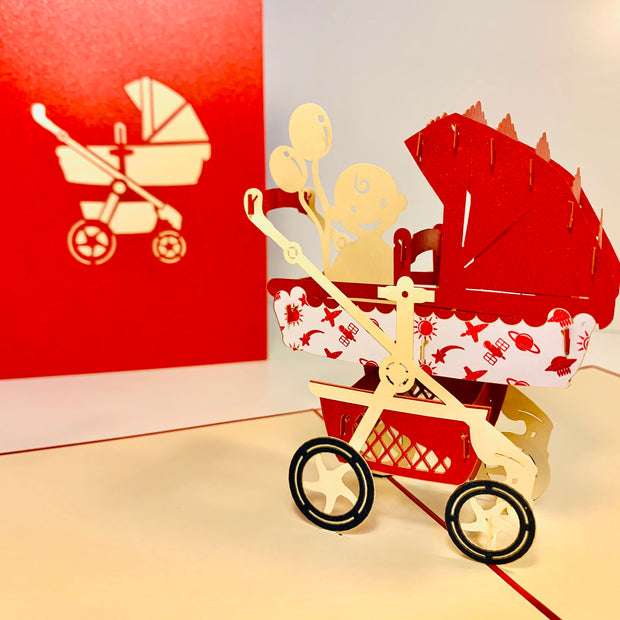 Metallic Baby Carriage Pram in Red Origami Pop Cards 3D Pop Up Greeting Card Happy Birthday Thank You Handmade Gift Thinking of You Blank Card for Any Occasion Happy Mother's Day Happy Newborn Baby Celebrate New Life