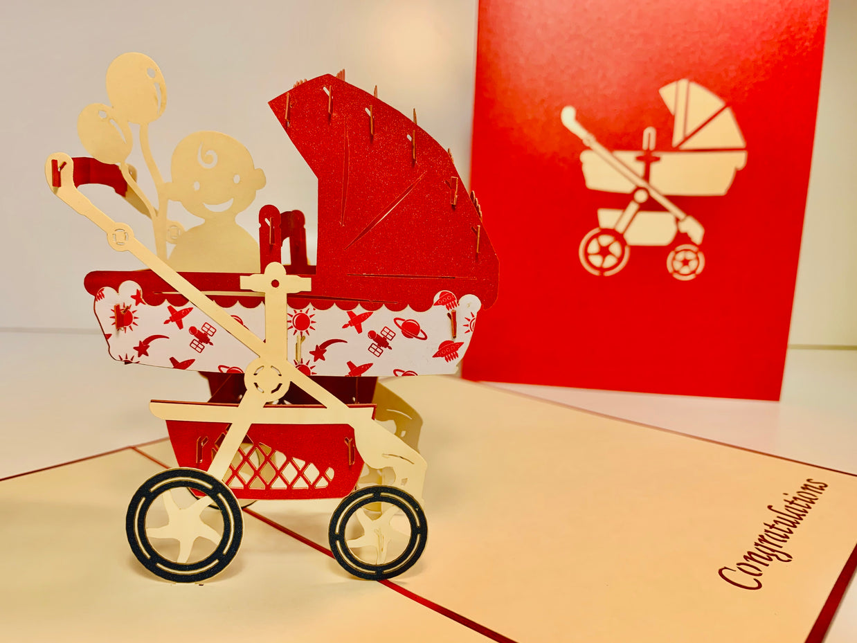 Metallic Baby Carriage Pram in Red Origami Pop Cards 3D Pop Up Greeting Card Happy Birthday Thank You Handmade Gift Thinking of You Blank Card for Any Occasion Happy Mother's Day Happy Newborn Baby Celebrate New Life