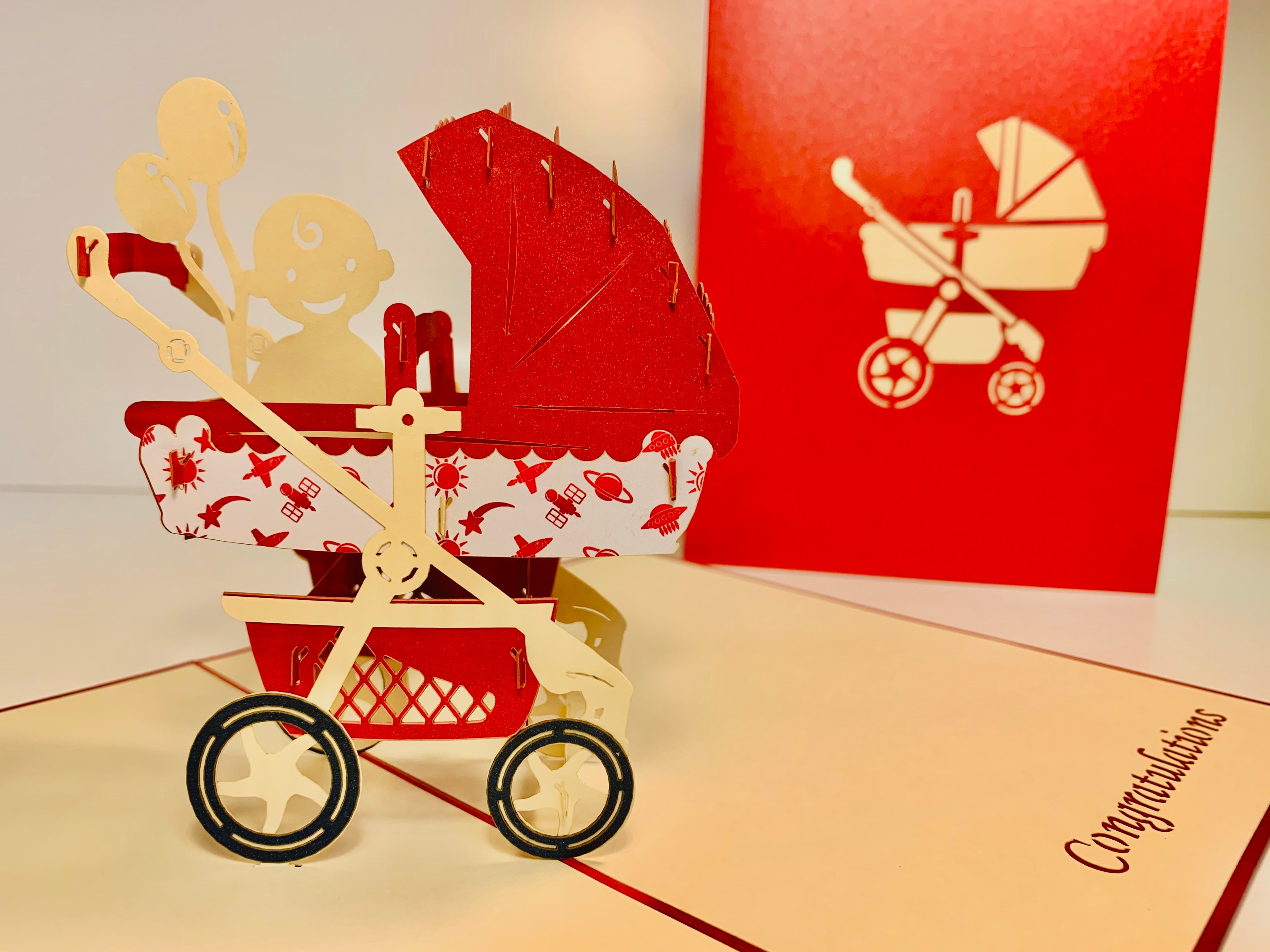 Metallic Baby Carriage Pram in Red Origami Pop Cards 3D Pop Up Greeting Card Happy Birthday Thank You Handmade Gift Thinking of You Blank Card for Any Occasion Happy Mother's Day Happy Newborn Baby Celebrate New Life