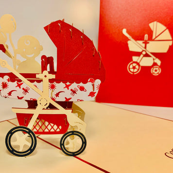 Metallic Baby Carriage Pram in Red Origami Pop Cards 3D Pop Up Greeting Card Happy Birthday Thank You Handmade Gift Thinking of You Blank Card for Any Occasion Happy Mother's Day Happy Newborn Baby Celebrate New Life