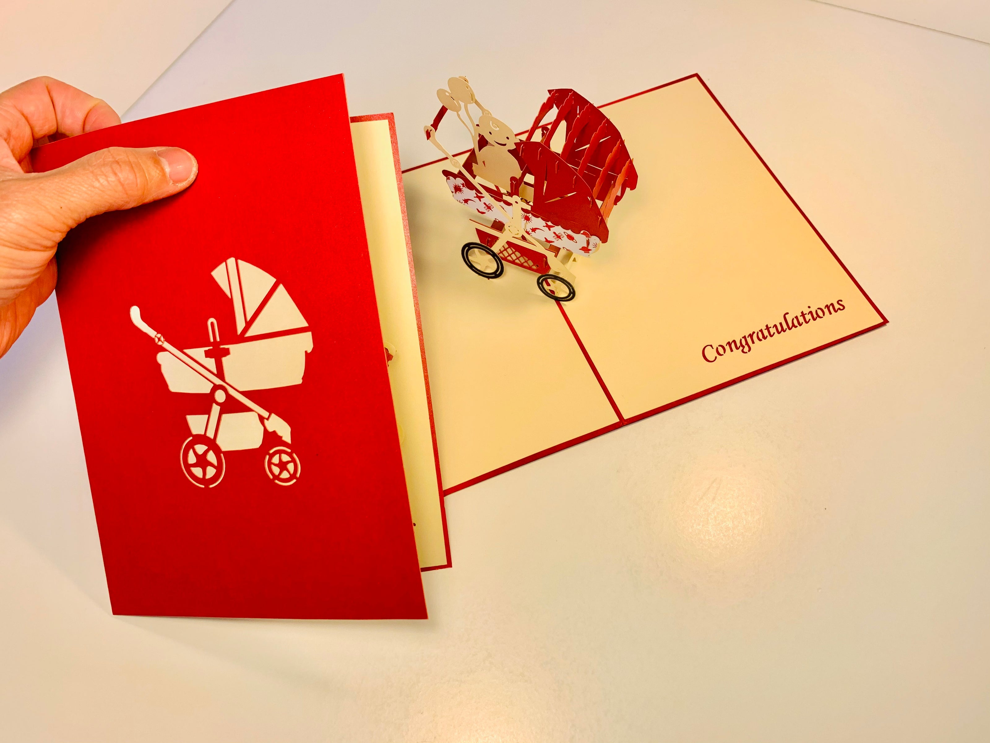 Metallic Baby Carriage Pram in Red Origami Pop Cards 3D Pop Up Greeting Card Happy Birthday Thank You Handmade Gift Thinking of You Blank Card for Any Occasion Happy Mother's Day Happy Newborn Baby Celebrate New Life