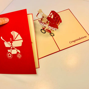Metallic Baby Carriage Pram in Red Origami Pop Cards 3D Pop Up Greeting Card Happy Birthday Thank You Handmade Gift Thinking of You Blank Card for Any Occasion Happy Mother's Day Happy Newborn Baby Celebrate New Life