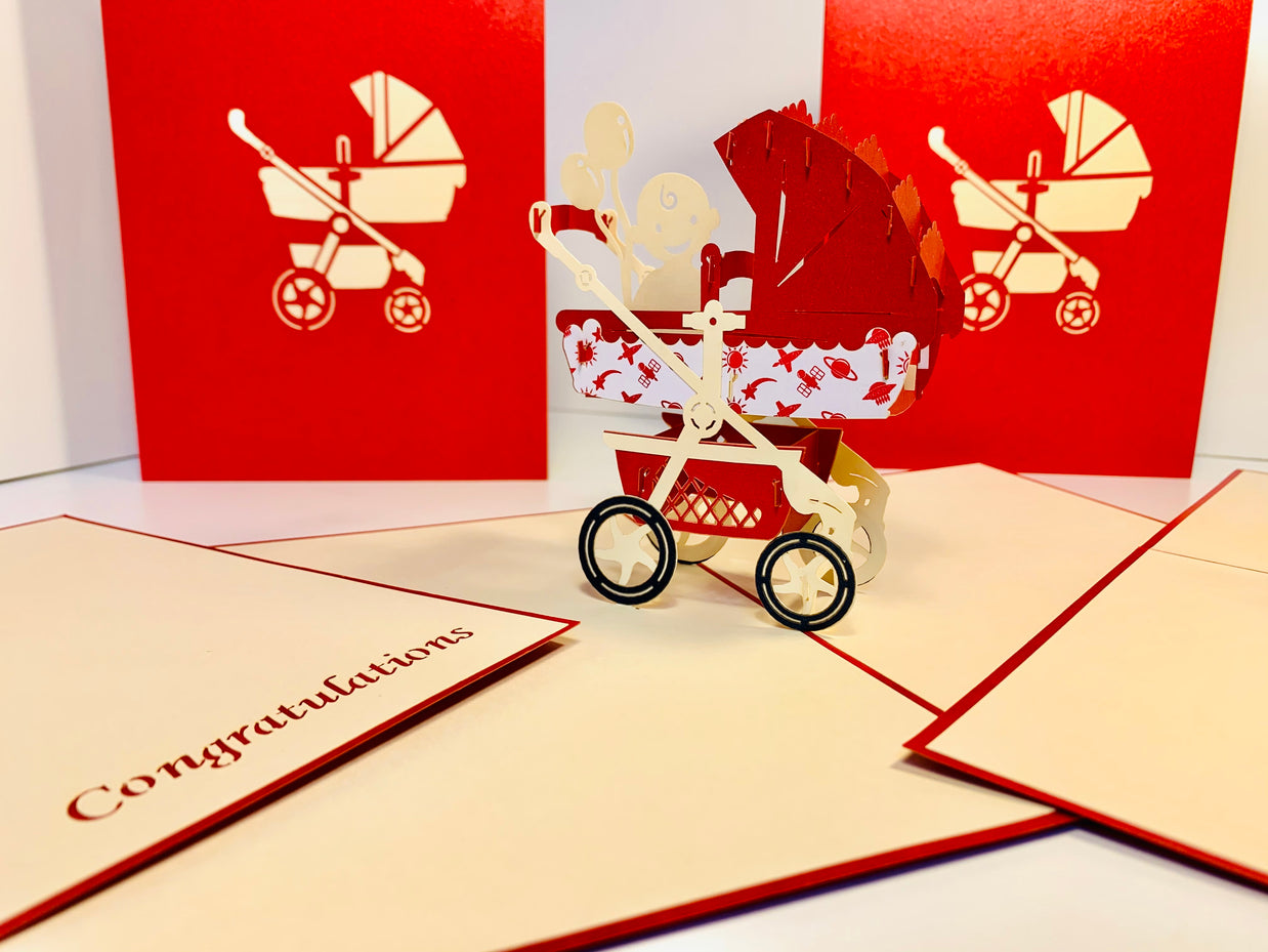 Metallic Baby Carriage Pram in Red Origami Pop Cards 3D Pop Up Greeting Card Happy Birthday Thank You Handmade Gift Thinking of You Blank Card for Any Occasion Happy Mother's Day Happy Newborn Baby Celebrate New Life