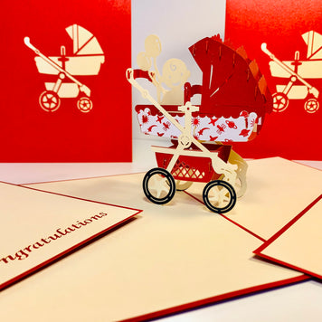 Metallic Baby Carriage Pram in Red Origami Pop Cards 3D Pop Up Greeting Card Happy Birthday Thank You Handmade Gift Thinking of You Blank Card for Any Occasion Happy Mother's Day Happy Newborn Baby Celebrate New Life