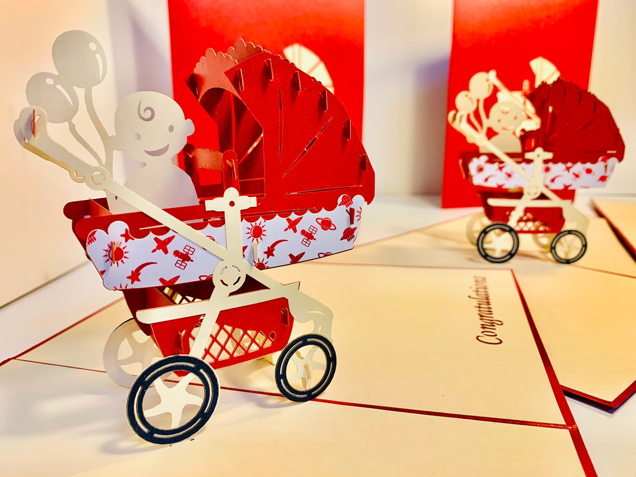 Metallic Baby Carriage Pram in Red Origami Pop Cards 3D Pop Up Greeting Card Happy Birthday Thank You Handmade Gift Thinking of You Blank Card for Any Occasion Happy Mother's Day Happy Newborn Baby Celebrate New Life