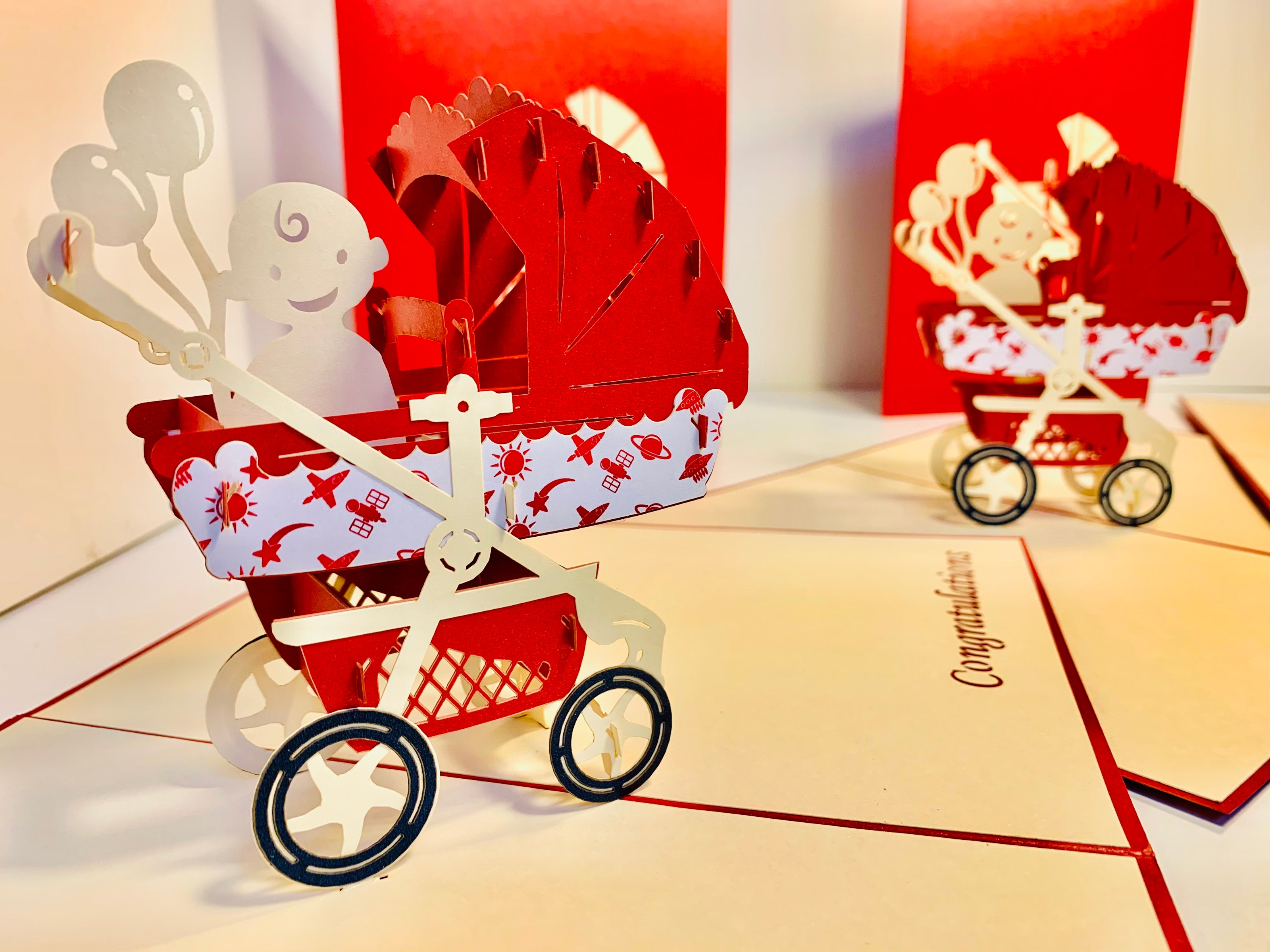 Metallic Baby Carriage Pram in Red Origami Pop Cards 3D Pop Up Greeting Card Happy Birthday Thank You Handmade Gift Thinking of You Blank Card for Any Occasion Happy Mother's Day Happy Newborn Baby Celebrate New Life