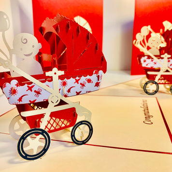 Metallic Baby Carriage Pram in Red Origami Pop Cards 3D Pop Up Greeting Card Happy Birthday Thank You Handmade Gift Thinking of You Blank Card for Any Occasion Happy Mother's Day Happy Newborn Baby Celebrate New Life