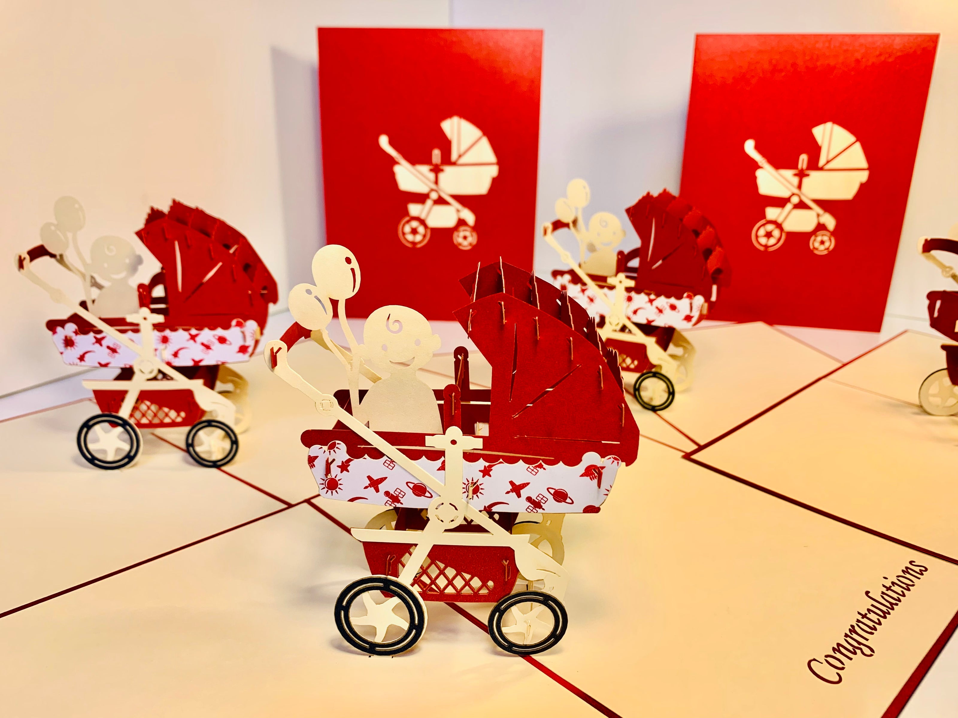 Metallic Baby Carriage Pram in Red Origami Pop Cards 3D Pop Up Greeting Card Happy Birthday Thank You Handmade Gift Thinking of You Blank Card for Any Occasion Happy Mother's Day Happy Newborn Baby Celebrate New Life