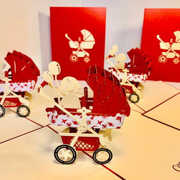 Metallic Baby Carriage Pram in Red Origami Pop Cards 3D Pop Up Greeting Card Happy Birthday Thank You Handmade Gift Thinking of You Blank Card for Any Occasion Happy Mother's Day Happy Newborn Baby Celebrate New Life