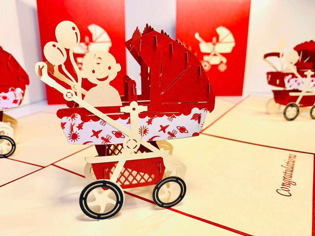 Metallic Baby Carriage Pram in Red Origami Pop Cards 3D Pop Up Greeting Card Happy Birthday Thank You Handmade Gift Thinking of You Blank Card for Any Occasion Happy Mother's Day Happy Newborn Baby Celebrate New Life