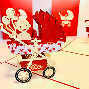 Metallic Baby Carriage Pram in Red Origami Pop Cards 3D Pop Up Greeting Card Happy Birthday Thank You Handmade Gift Thinking of You Blank Card for Any Occasion Happy Mother's Day Happy Newborn Baby Celebrate New Life
