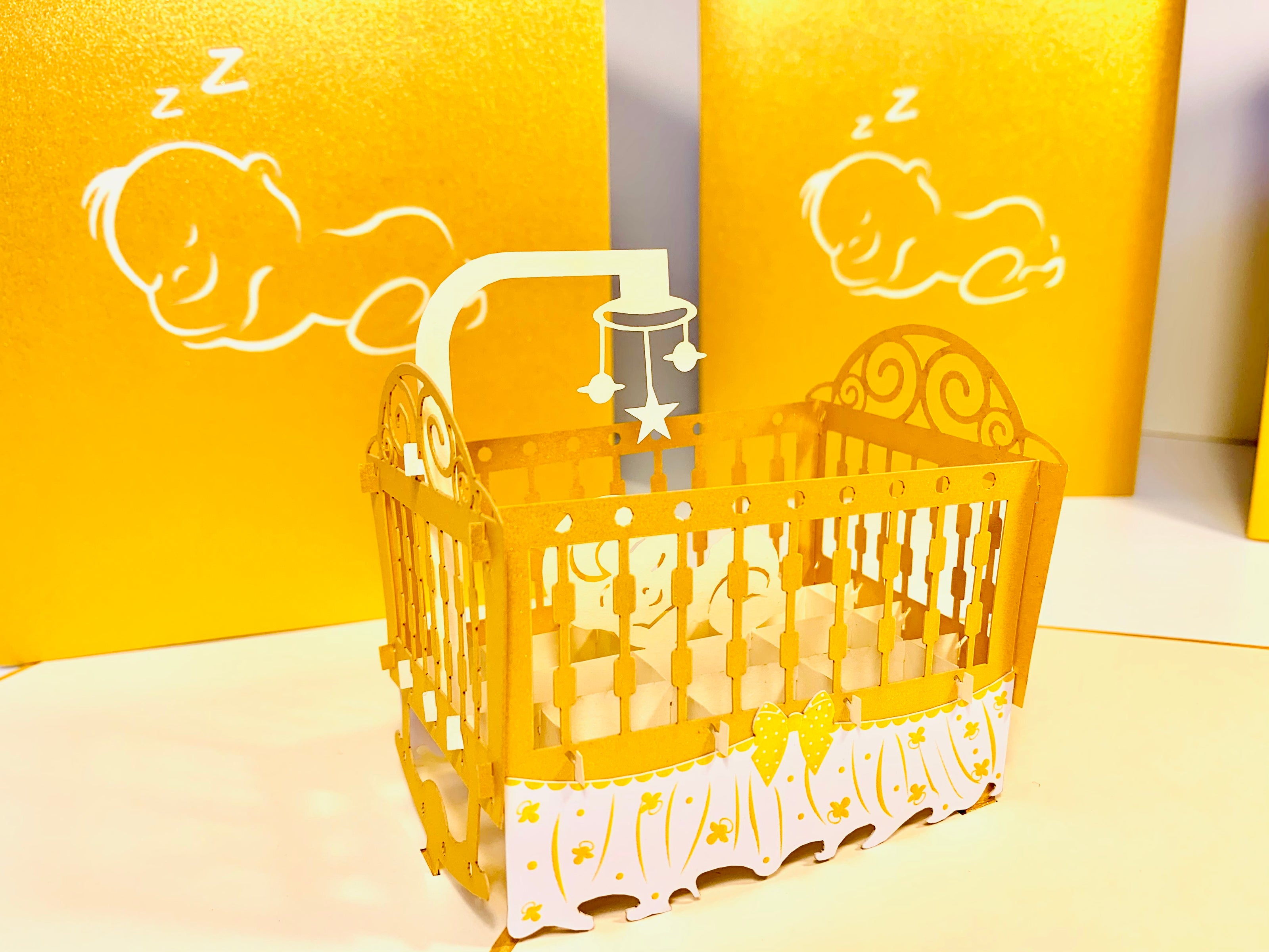 Metallic Baby Cot in Gold Origami Pop Cards 3D Pop Up Greeting Card Happy Birthday Thank You Handmade Gift Thinking of You Blank Card for Any Occasion Happy Mother's Day Happy Newborn Baby Celebrate New Life