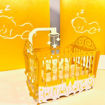 Metallic Baby Cot in Gold Origami Pop Cards 3D Pop Up Greeting Card Happy Birthday Thank You Handmade Gift Thinking of You Blank Card for Any Occasion Happy Mother's Day Happy Newborn Baby Celebrate New Life