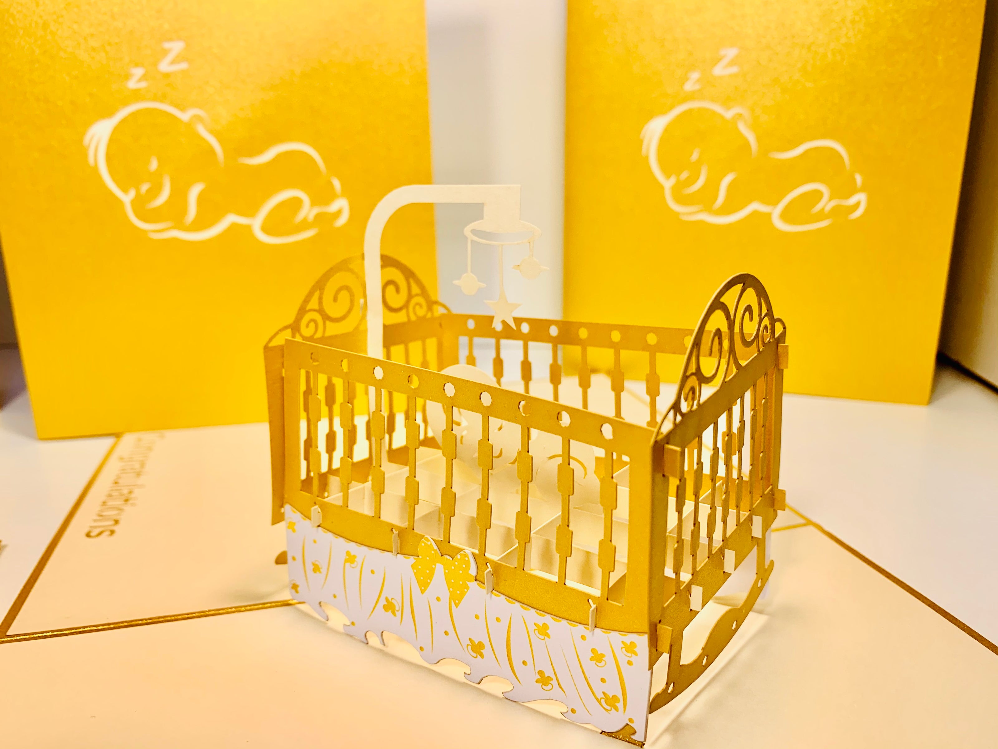Metallic Baby Cot in Gold Origami Pop Cards 3D Pop Up Greeting Card Happy Birthday Thank You Handmade Gift Thinking of You Blank Card for Any Occasion Happy Mother's Day Happy Newborn Baby Celebrate New Life