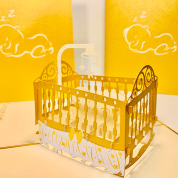 Metallic Baby Cot in Gold Origami Pop Cards 3D Pop Up Greeting Card Happy Birthday Thank You Handmade Gift Thinking of You Blank Card for Any Occasion Happy Mother's Day Happy Newborn Baby Celebrate New Life