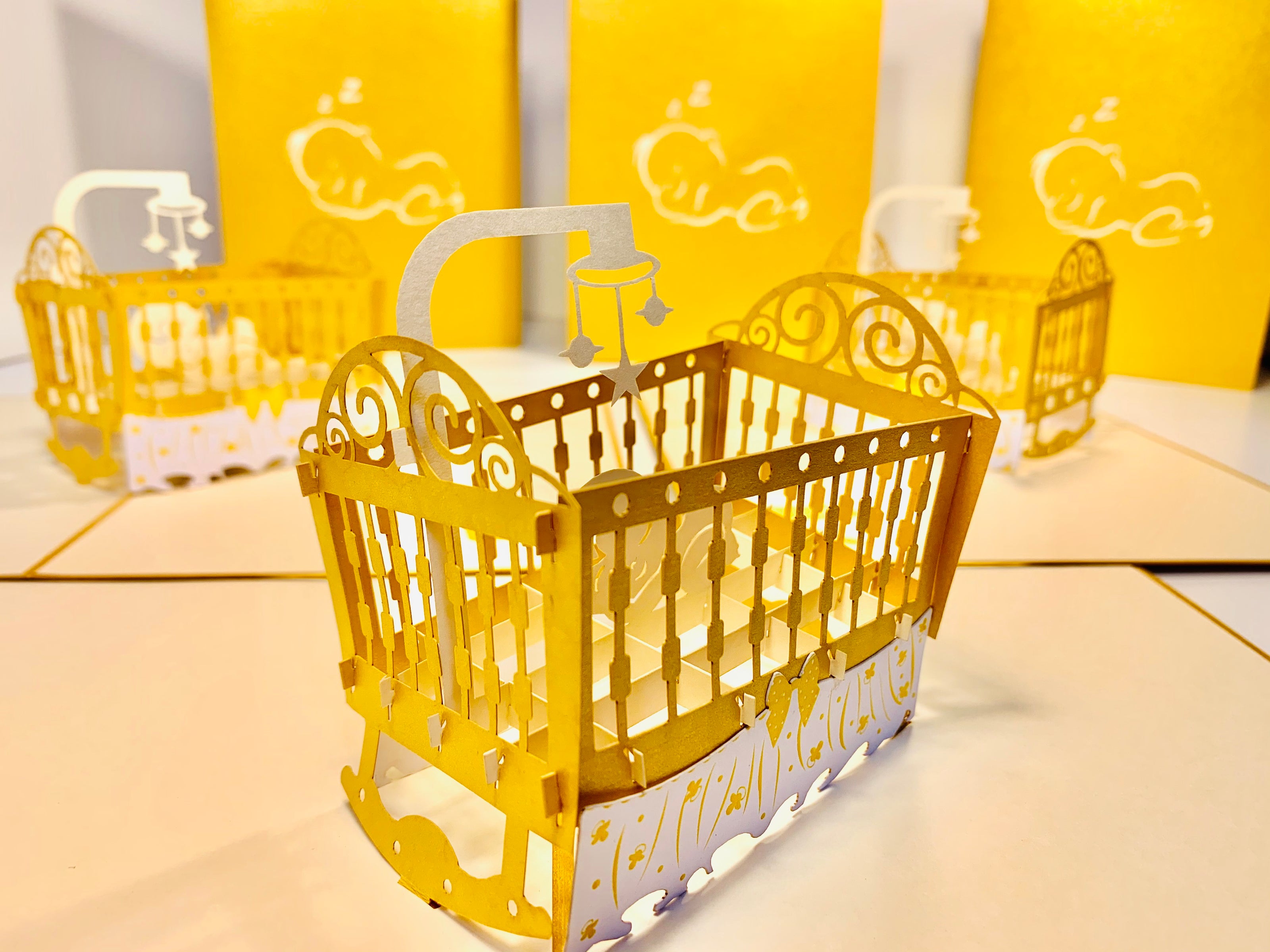 Metallic Baby Cot in Gold Origami Pop Cards 3D Pop Up Greeting Card Happy Birthday Thank You Handmade Gift Thinking of You Blank Card for Any Occasion Happy Mother's Day Happy Newborn Baby Celebrate New Life