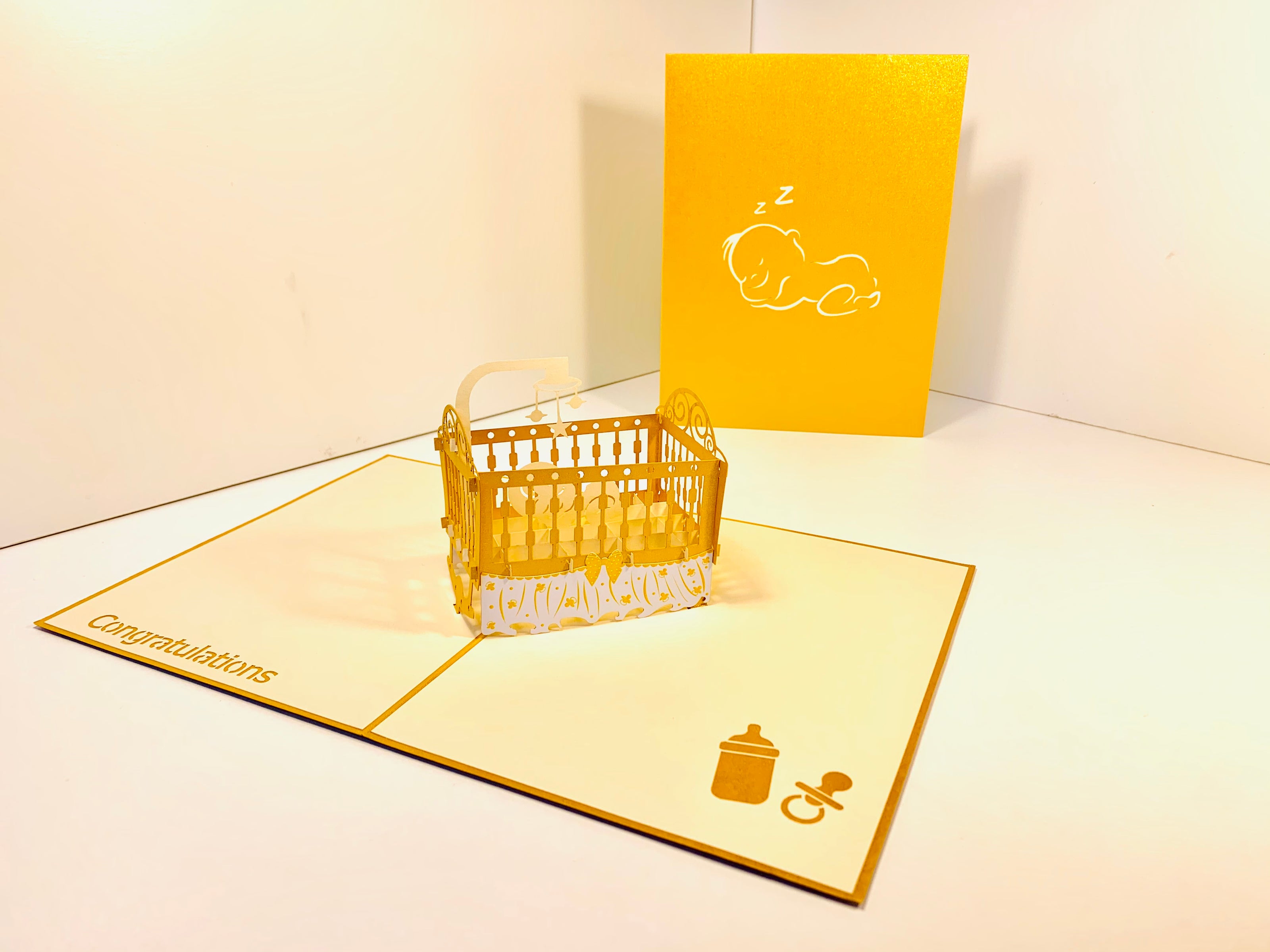 Metallic Baby Cot in Gold Origami Pop Cards 3D Pop Up Greeting Card Happy Birthday Thank You Handmade Gift Thinking of You Blank Card for Any Occasion Happy Mother's Day Happy Newborn Baby Celebrate New Life