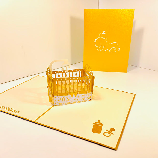 Metallic Baby Cot in Gold Origami Pop Cards 3D Pop Up Greeting Card Happy Birthday Thank You Handmade Gift Thinking of You Blank Card for Any Occasion Happy Mother's Day Happy Newborn Baby Celebrate New Life