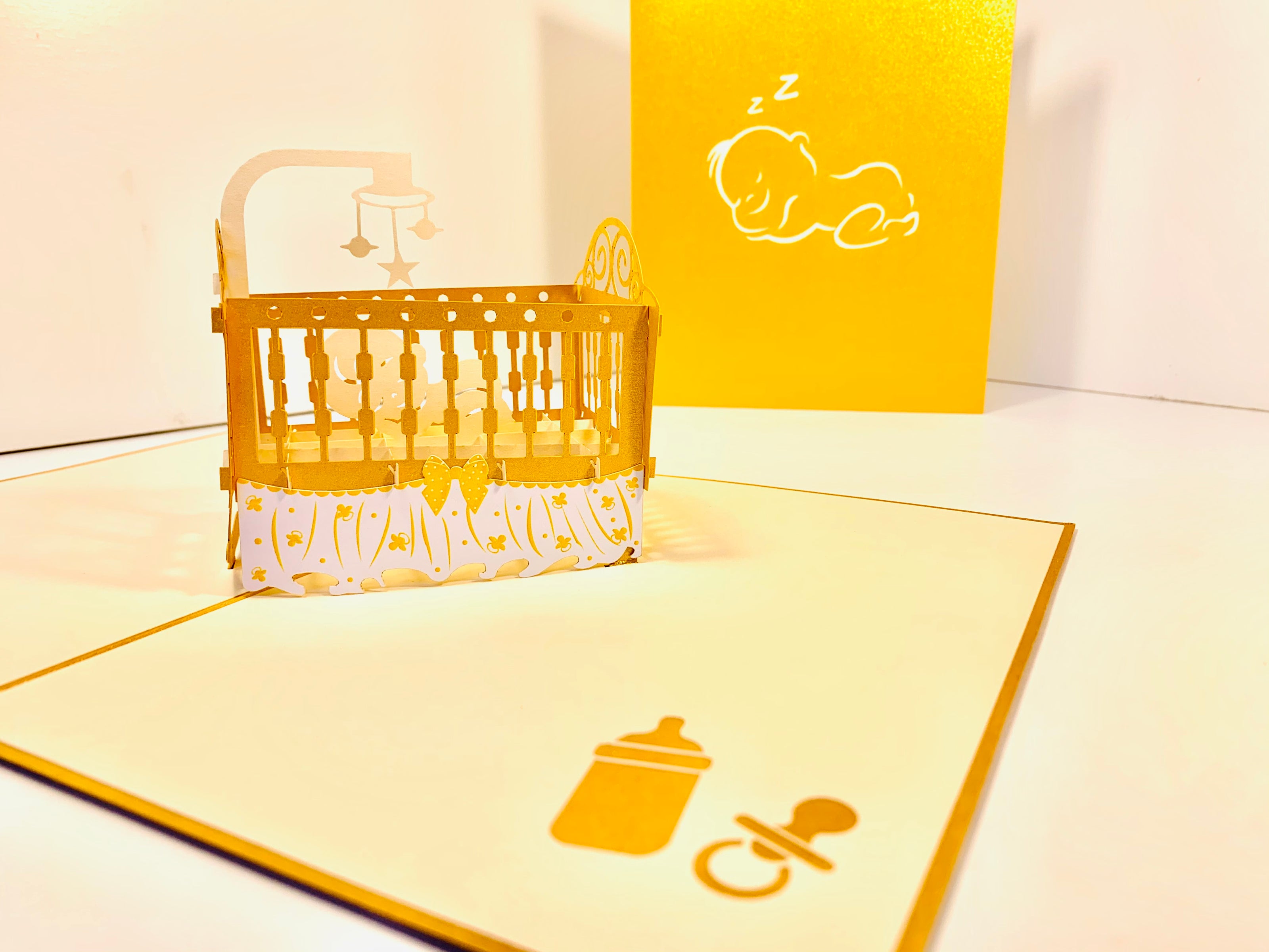 Metallic Baby Cot in Gold Origami Pop Cards 3D Pop Up Greeting Card Happy Birthday Thank You Handmade Gift Thinking of You Blank Card for Any Occasion Happy Mother's Day Happy Newborn Baby Celebrate New Life