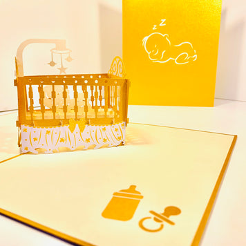 Metallic Baby Cot in Gold Origami Pop Cards 3D Pop Up Greeting Card Happy Birthday Thank You Handmade Gift Thinking of You Blank Card for Any Occasion Happy Mother's Day Happy Newborn Baby Celebrate New Life