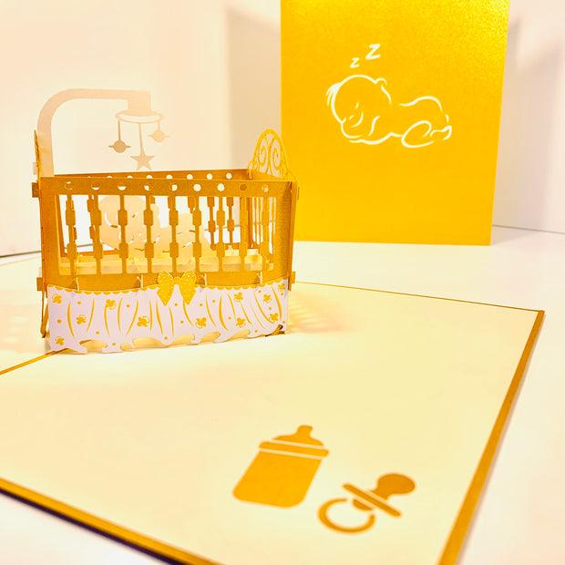 Metallic Baby Cot in Gold Origami Pop Cards 3D Pop Up Greeting Card Happy Birthday Thank You Handmade Gift Thinking of You Blank Card for Any Occasion Happy Mother's Day Happy Newborn Baby Celebrate New Life