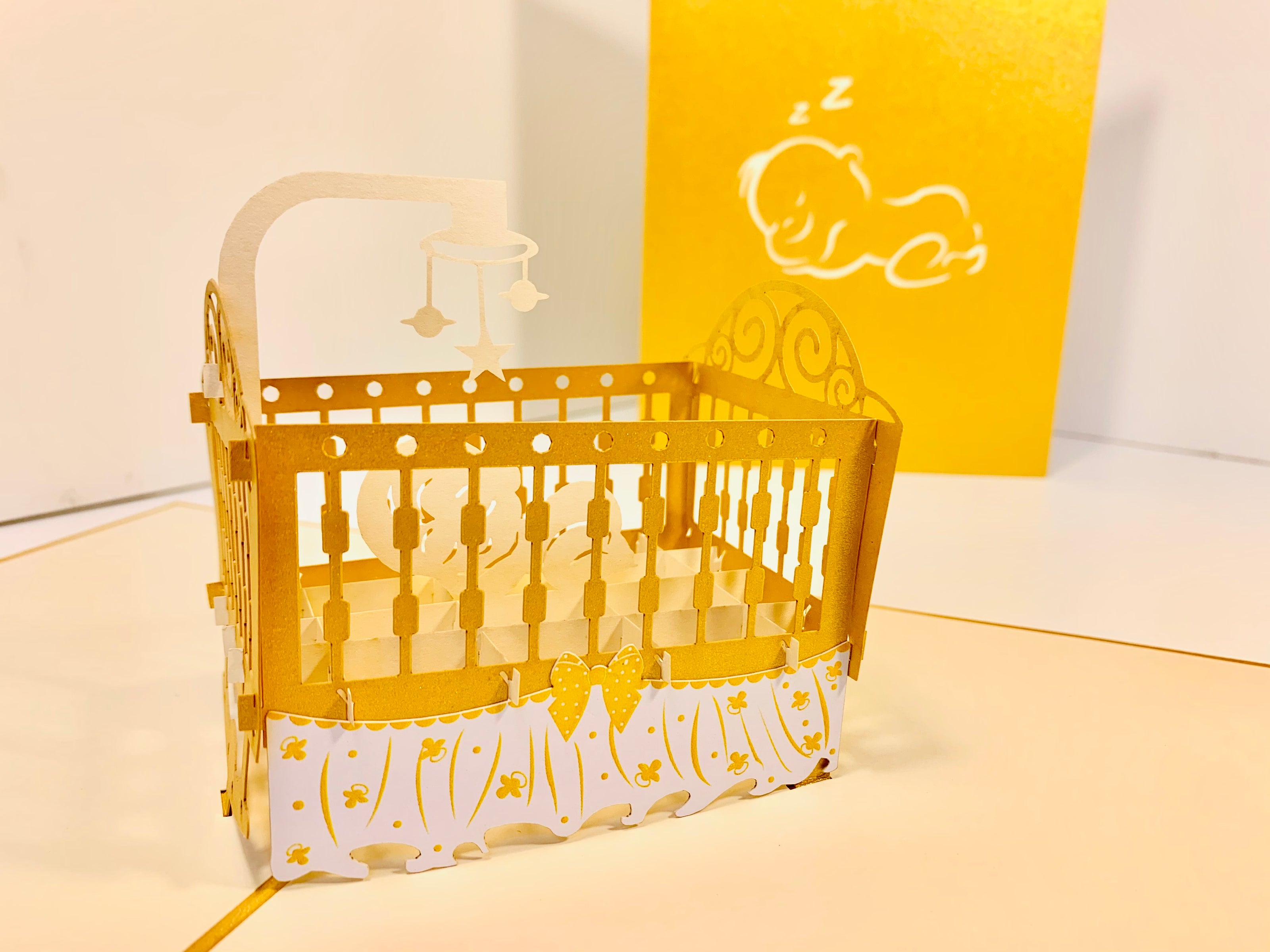 Metallic Baby Cot in Gold Origami Pop Cards 3D Pop Up Greeting Card Happy Birthday Thank You Handmade Gift Thinking of You Blank Card for Any Occasion Happy Mother's Day Happy Newborn Baby Celebrate New Life