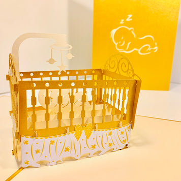 Metallic Baby Cot in Gold Origami Pop Cards 3D Pop Up Greeting Card Happy Birthday Thank You Handmade Gift Thinking of You Blank Card for Any Occasion Happy Mother's Day Happy Newborn Baby Celebrate New Life
