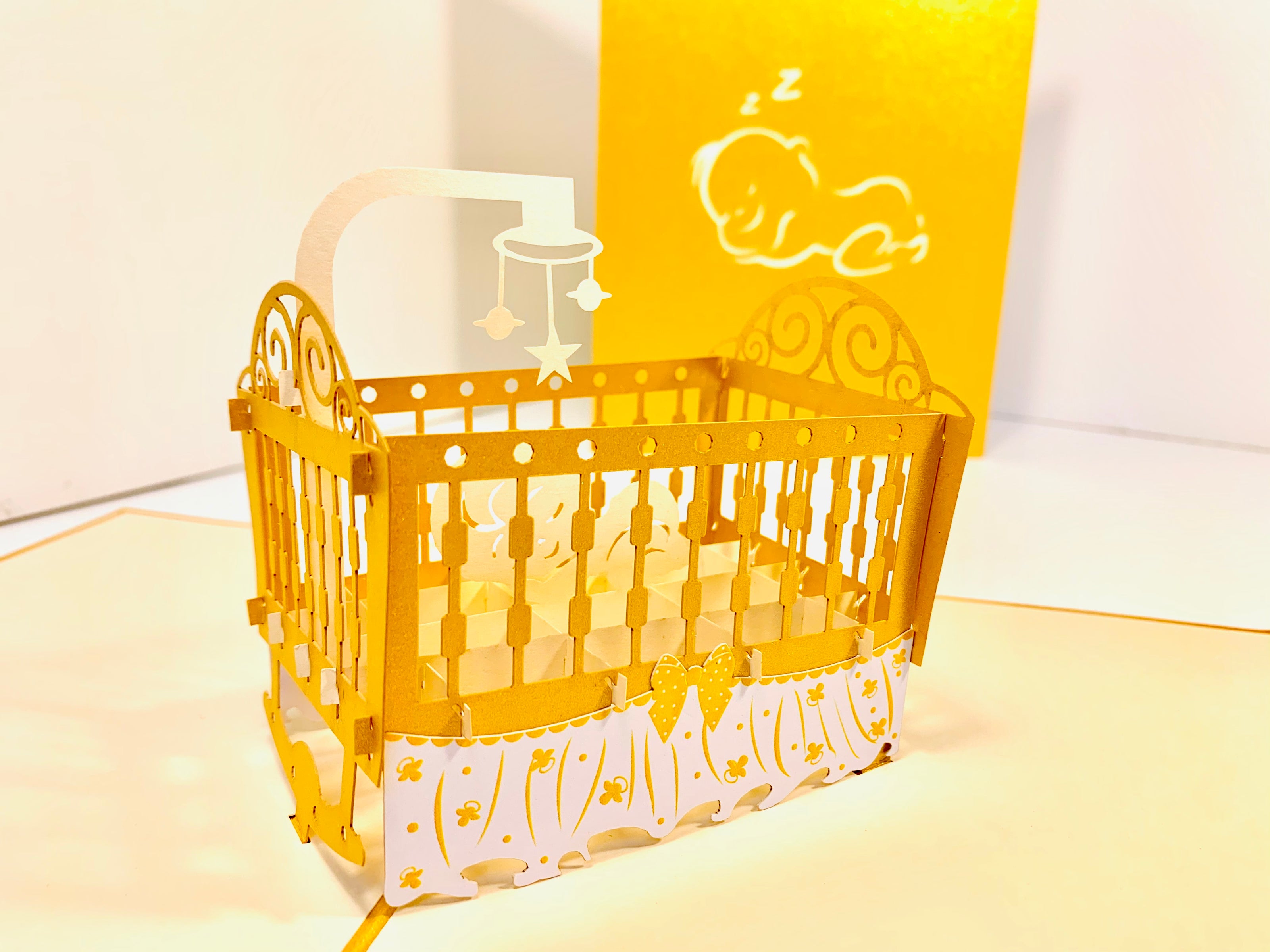 Metallic Baby Cot in Gold Origami Pop Cards 3D Pop Up Greeting Card Happy Birthday Thank You Handmade Gift Thinking of You Blank Card for Any Occasion Happy Mother's Day Happy Newborn Baby Celebrate New Life