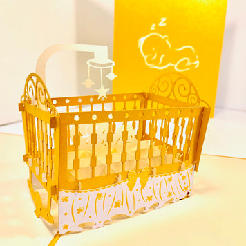 Metallic Baby Cot in Gold Origami Pop Cards 3D Pop Up Greeting Card Happy Birthday Thank You Handmade Gift Thinking of You Blank Card for Any Occasion Happy Mother's Day Happy Newborn Baby Celebrate New Life