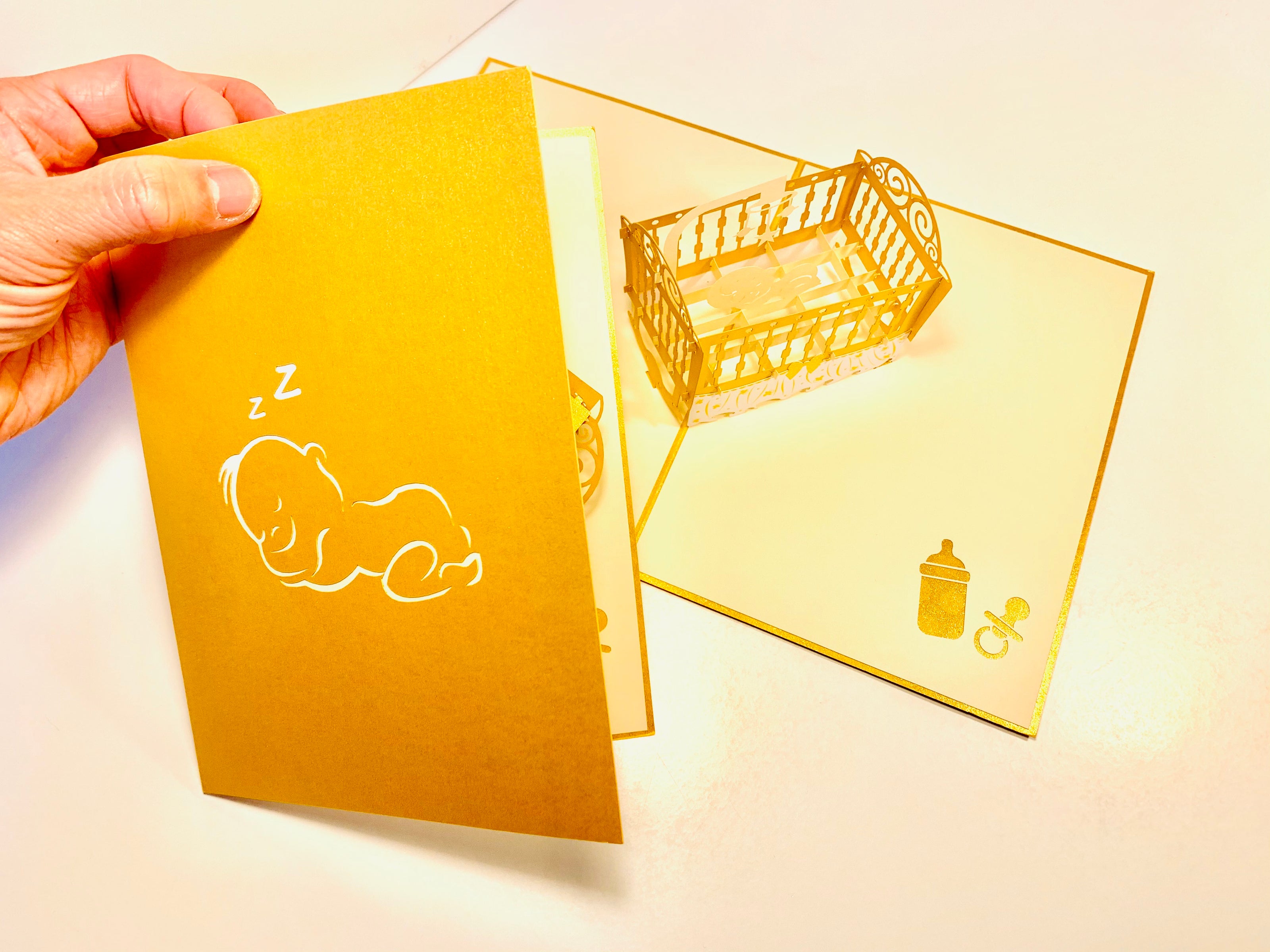 Metallic Baby Cot in Gold Origami Pop Cards 3D Pop Up Greeting Card Happy Birthday Thank You Handmade Gift Thinking of You Blank Card for Any Occasion Happy Mother's Day Happy Newborn Baby Celebrate New Life