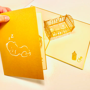 Metallic Baby Cot in Gold Origami Pop Cards 3D Pop Up Greeting Card Happy Birthday Thank You Handmade Gift Thinking of You Blank Card for Any Occasion Happy Mother's Day Happy Newborn Baby Celebrate New Life