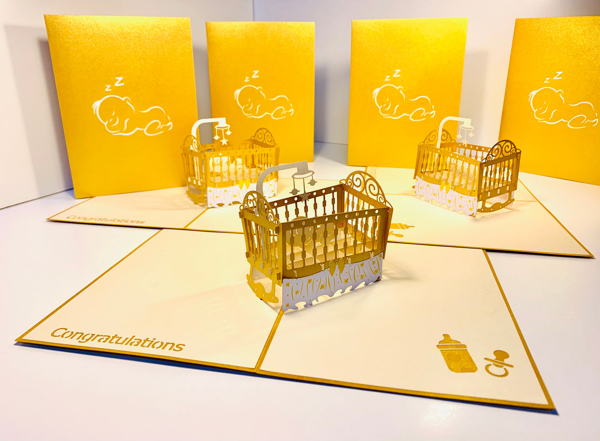 Metallic Baby Cot in Gold Origami Pop Cards 3D Pop Up Greeting Card Happy Birthday Thank You Handmade Gift Thinking of You Blank Card for Any Occasion Happy Mother's Day Happy Newborn Baby Celebrate New Life